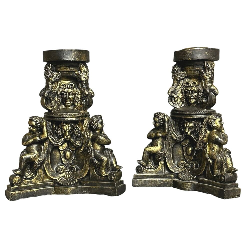 Vintage Jaimy baroque candle holders lion cherubs bronzed resin heavy sculptured